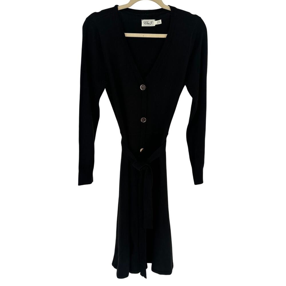 Eliza J Black Sweater Dress Gold Buttons Knee Length V-Neck Winter Office Soft M